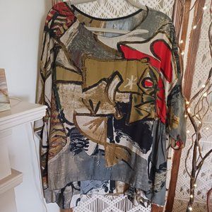 WOMENS TOP TUNIC BLOUSE COLORFUL COTTON PRINT 3 POTATO GATHERED FRONT SIZE L/XL